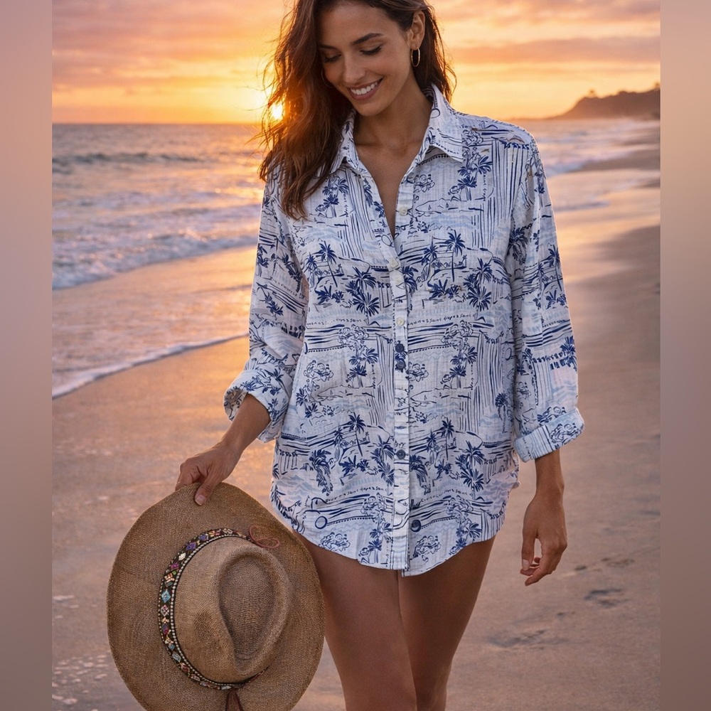 Calypso St. Barth printed 100% Linen buttondown shirt, map print, sz S, NWT
